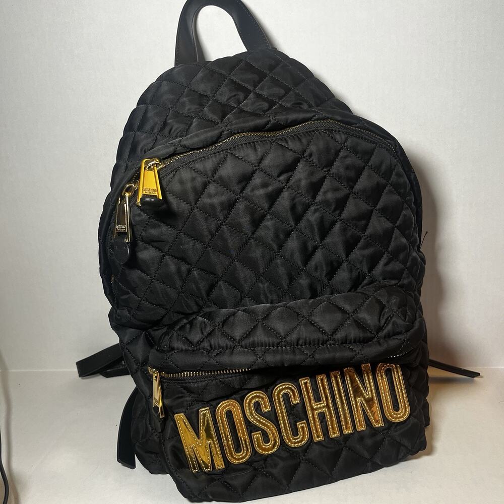 Moschino Black Quilted Nylon Backpack Gold MOSCHINO Logo Letters